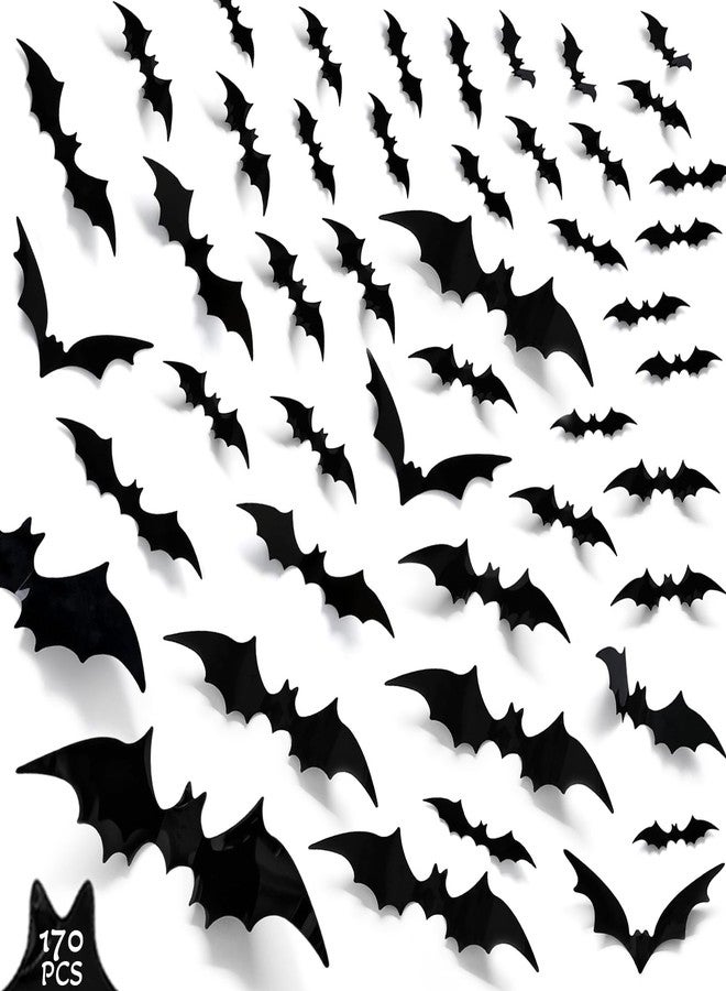 NEWMIAO 3D Bats Wall Decor, 170Pcs Bat Halloween Decorations, 6 Sizes Bats Windows Stickers, PVC Black Bat Stickers Halloween Party Supplies for DIY Home Wall Decals Hallowmas Indoor Decor - Image 1